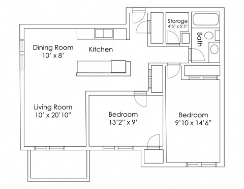 Floor plan for 2 beds, 1 bath, 972 sqft